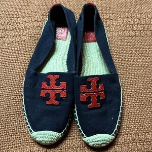 Tory Burch Navy Canvas Espadrilles with Red Logo
